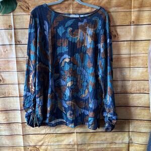 Susan Graver Printed Ribbed Knit with Lurex Bateau Neck Top Size XL $70